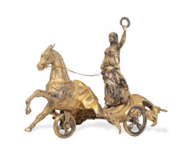 1220.  Purera de plata vermeille en forma de cuádriga con figura femenina. Con marcas.h. 1900.