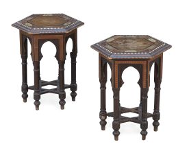 609.  Pareja de mesas hexagonales neomudéjares de madera, hueso y marqueteria geométrica teñida.Trabajo granadino, finales del S. XIX - principios del S. XX.