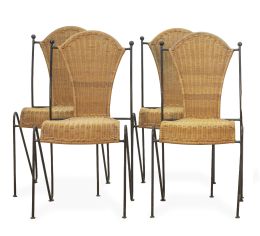 1294.  Juego de cuatro sillas de comedor de hierro y mimbre.Frederic Weinberg, Estados Unidos, h. 1950.