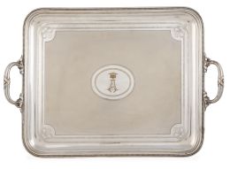 1350.  Bandeja de metal plateado y dorado con inicial grabada "A" bajo corona de marqués.Christofle, principios del S. XX. 