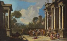 859.  ATRIBUIDO A ALBERTO CARLIERI (1672- 1720)Capricho arquitectónico con escena de sacrificio frente a un rey