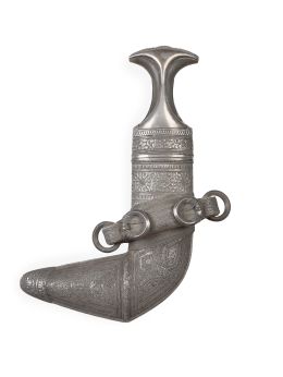 1173.  Daga jambiya en plata y asta.Trabajo otomano, S. XX.