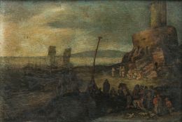 823.  ATRIBUIDO A MARTIN RYCKAERT o MARTEN RIJCKAERT (Amberes, 1587-1631) Desembarco en un puerto
