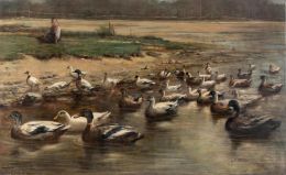 841.  LINO CASIMIRO IBORRA (Santoña, Cantabria, 1857-Madrid, 1935)Paisaje con campesina y patos