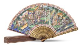 1306.  Abanico "mil caras" con país pintado y padrones de madera l