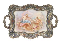 704.  Bandeja con asas de porcelana esmaltada a la manera de Sévres con alegoría de la música y marco en bronce con esmalte champlevé.Francia, finales del S. XIX.