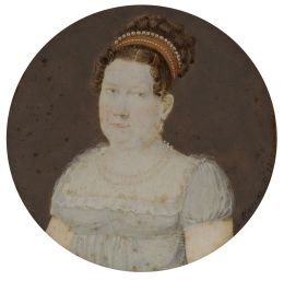 807.  JUAN MARRAS (Nápoles, 1765- ?)Retrato de dama con vestido azul celeste y diadema de coral y perlas1817