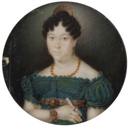 808.  ESCUELA ESPAÑOLA, SIGLO XIXRetrato de dama peineta, collar de coral y abanico con vestido verdoso
