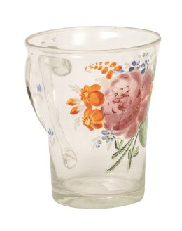 747.  Jarrita de vidrio transparente pintado con flores pintadas.La Granja, S. XIX.