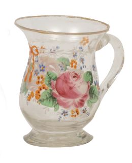 756.  Jarrita de vidrio transparente pintado con flores y lazos.La Granja, S. XIX.