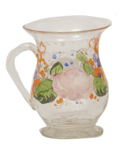 755.  Jarrita de vidrio transparente con flores y hojas pintadas en verde, rosa y naranja.La Granja, S. XIX.
