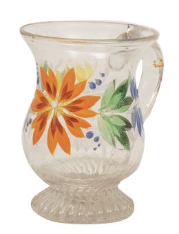 754.  Jarrita de vidrio transparente con flores y hojas pintadas en naranja, verde y azul.La Granja, S. XIX.