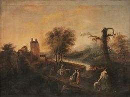 887.  ESCUELA SEVILLANA, SIGLO XIXVista de una paisaje con figuras pasando un puente a orillas de un río