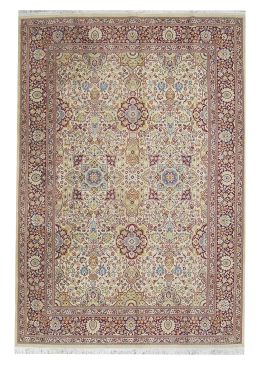 630.  Alfombra de campo beige con jarrones de flores y cenefa gra