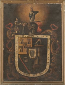 851.  ESCUELA ESPAÑOLA, SIGLO XVIIIEscudo de armas con la Inmaculada y un caballero arrodillado