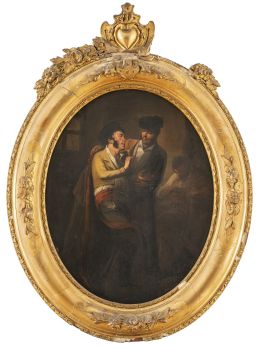 886.  MANUEL RODRÍGUEZ DE GUZMÁN  (Sevilla, 1818-Madrid, 1867)Pareja de bandoleros bebiendo en un interior