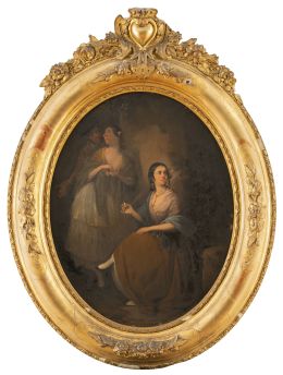 888.  MANUEL RODRÍGUEZ DE GUZMÁN  (Sevilla, 1818- Madrid, 1867)Maja fumado y el cortejo de un bandolero con maja sobre un paisaje