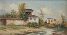 906.  ESCUELA ESPAÑOLA, SIGLO XIXPaisaje con casas a orillas de un río