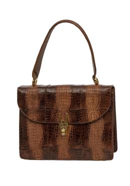 347.  Bolso vintage de piel de cocodrilo marrón en dos tonos combinados en bandas, con asa corta