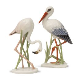 1072.  Dos aves zancudas de porcelana esmaltada.Rosenthal, Alemania, S. XX.