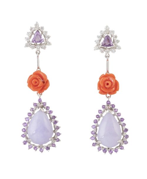 Pendientes largos con gota de jade lavanda orlada de amatis