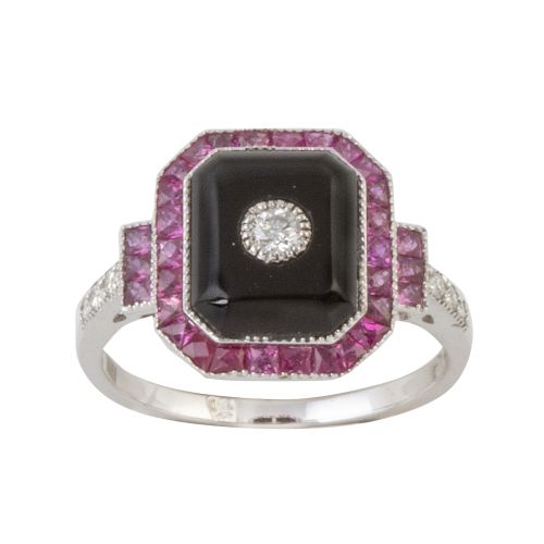 Sortija estilo Art-Decó con ónix rectangular, con brillante