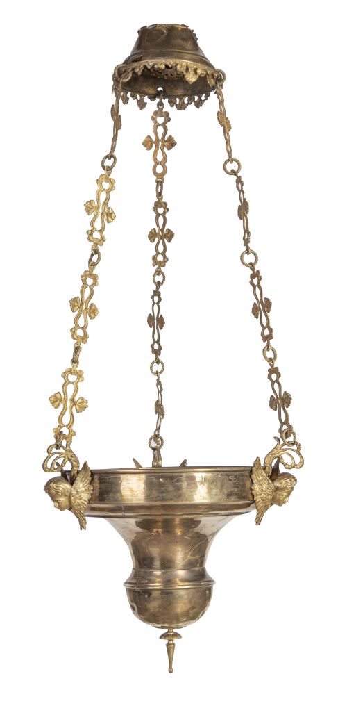 Lámpara votiva de bronce dorado, con triple cadena de eslab