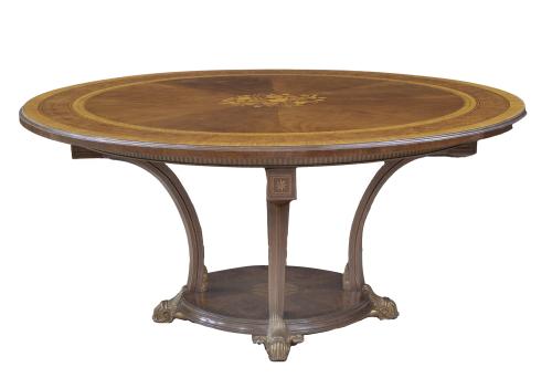 Mesa de comedor circular de madera de caoba, marquetería y 