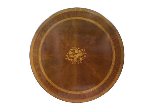 Mesa de comedor circular de madera de caoba, marquetería y 