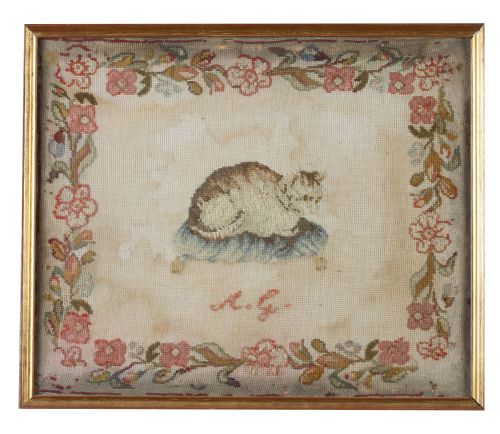 Bordado a "gross point" con gato e iniciales "A.G.".Españ