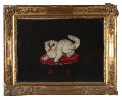 Bordado con gato e iniciales.España, S. XIX.