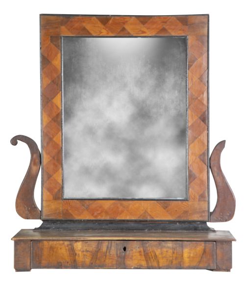 Espejo de tocador de madera frutal y de nogal con marqueter