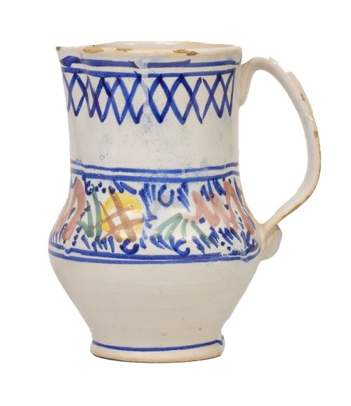 Jarro de cerámica esmaltada en azul de cobalto, verde, ocre