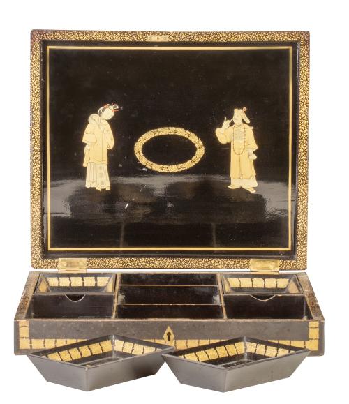 Caja de juego de madera lacada y dorada, con paisaje y arqu