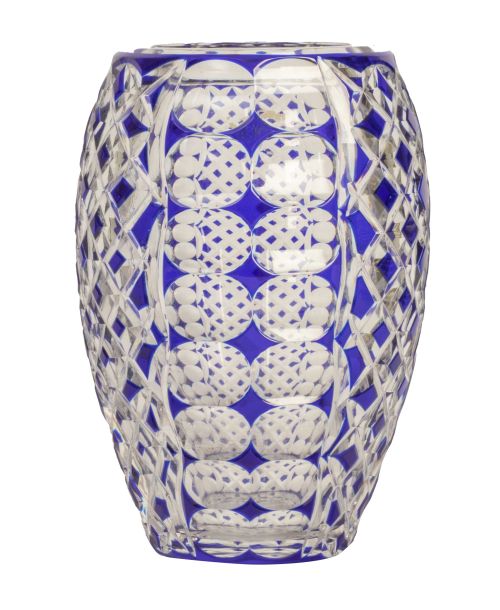 Jarrón de cristal transparente y azul, con decoración talla