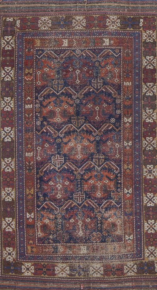 Alfombra en lana de campo rojo y azul, con decoración geomé