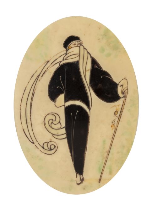 Hebilla art decó de hueso pintado con figura femenina.Fra