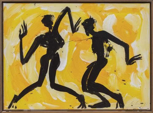 HELGE LEIBERG (Dresde, 1954)Figuras con negro sobre amari