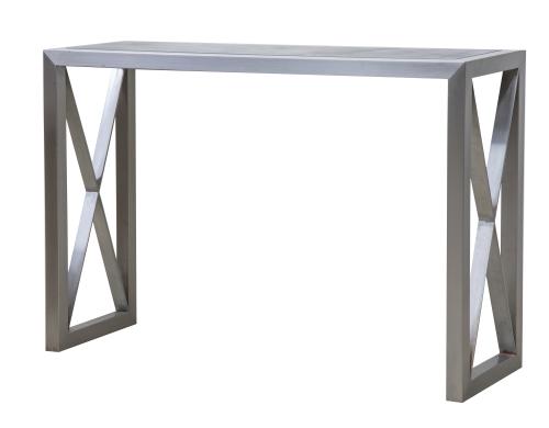 Consola moderna en acero y piel, con decoración de aspas a 