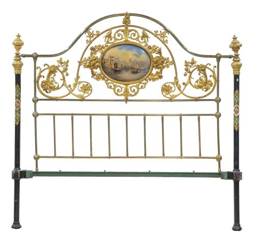 Cabecero de cama victoriano de bronce, metal, policromado e