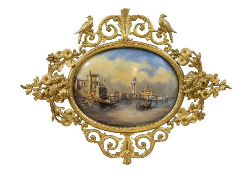 Cabecero de cama victoriano de bronce, metal, policromado e