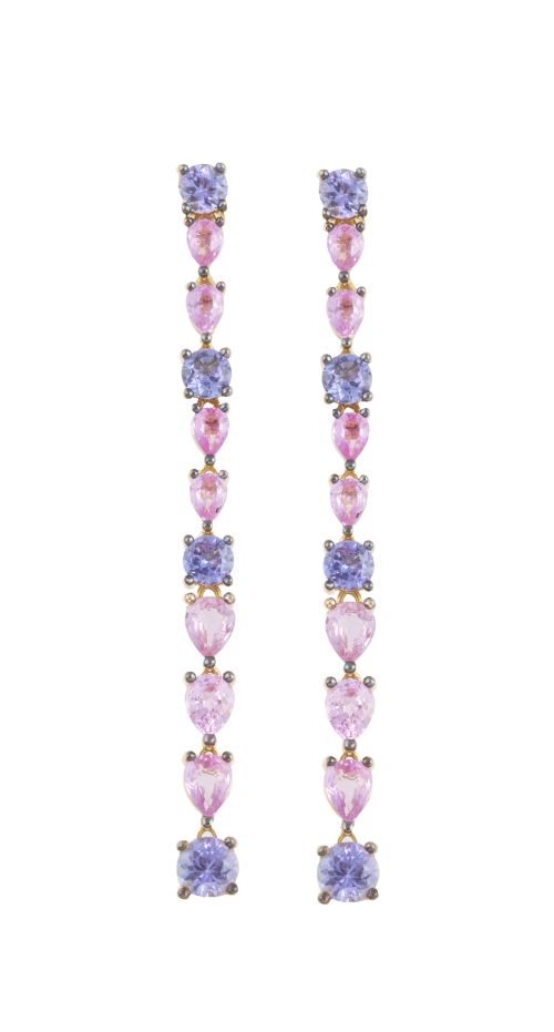 Pendientes largos de zafiros rosas y tanzanitas de diferent