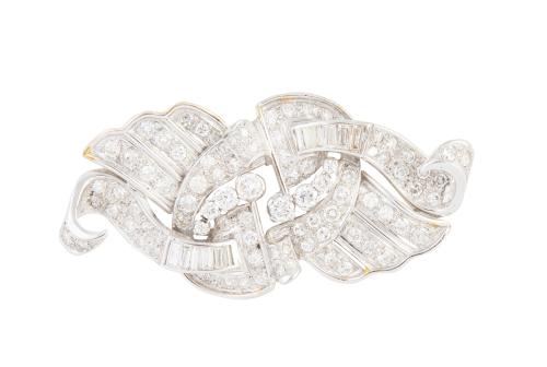 Broche años 50 de brillantes y diamantes talla baguette con