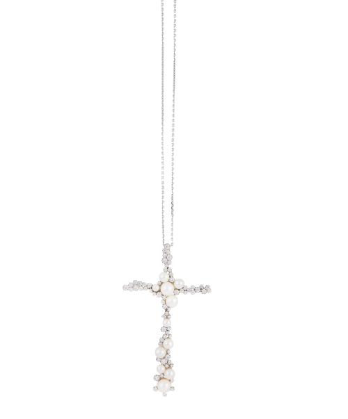 Gran cruz colgante de brillantes y perlas con diseño orgáni