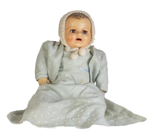 Muñeco de trapo, cartón piedra y traje original en lana azu