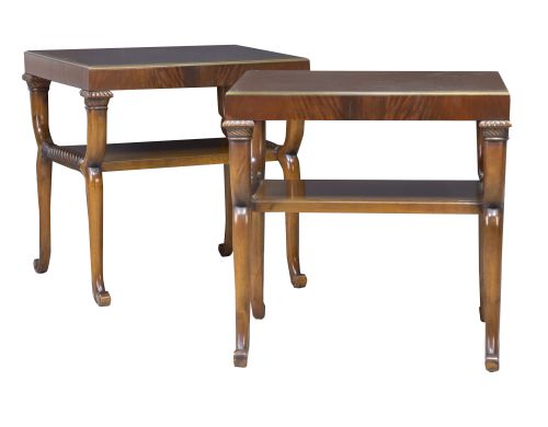 Pareja de mesas auxiliares de madera de caoba y palma de ca