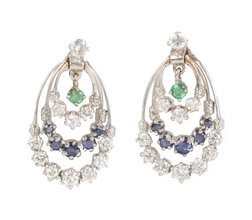 Pendientes ovales de brillantes y zafiros en arcos colgante