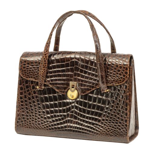 Bolso vintage de piel de cocodrilo marrón brillante con dos