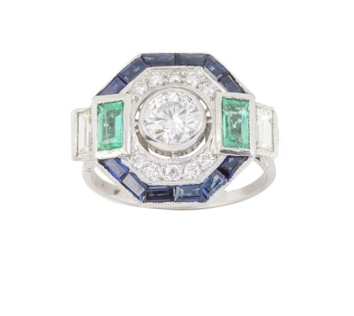 Sortija octogonal de brillantes zafiros y esmeraldas estilo