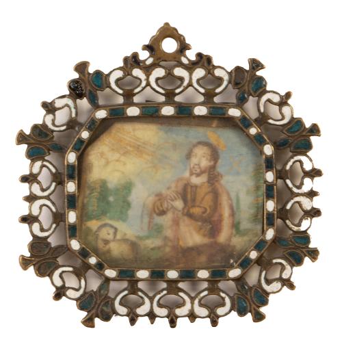 "San Juan Bautista".Medalla devocional con marco de bronc